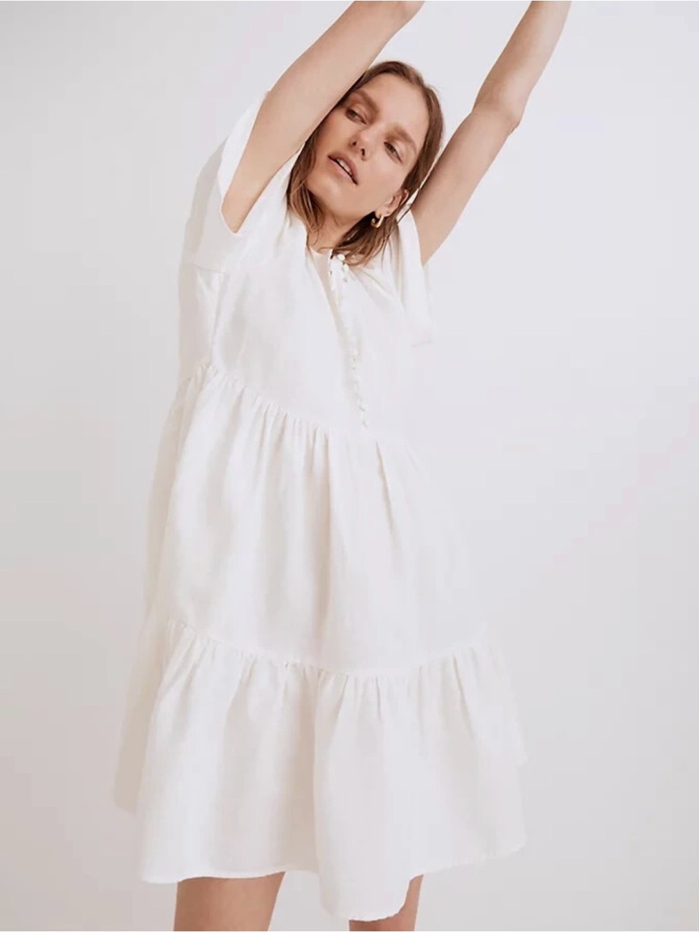 Madewell White Linen Tiered Mini Dress Covered Buttons Size M